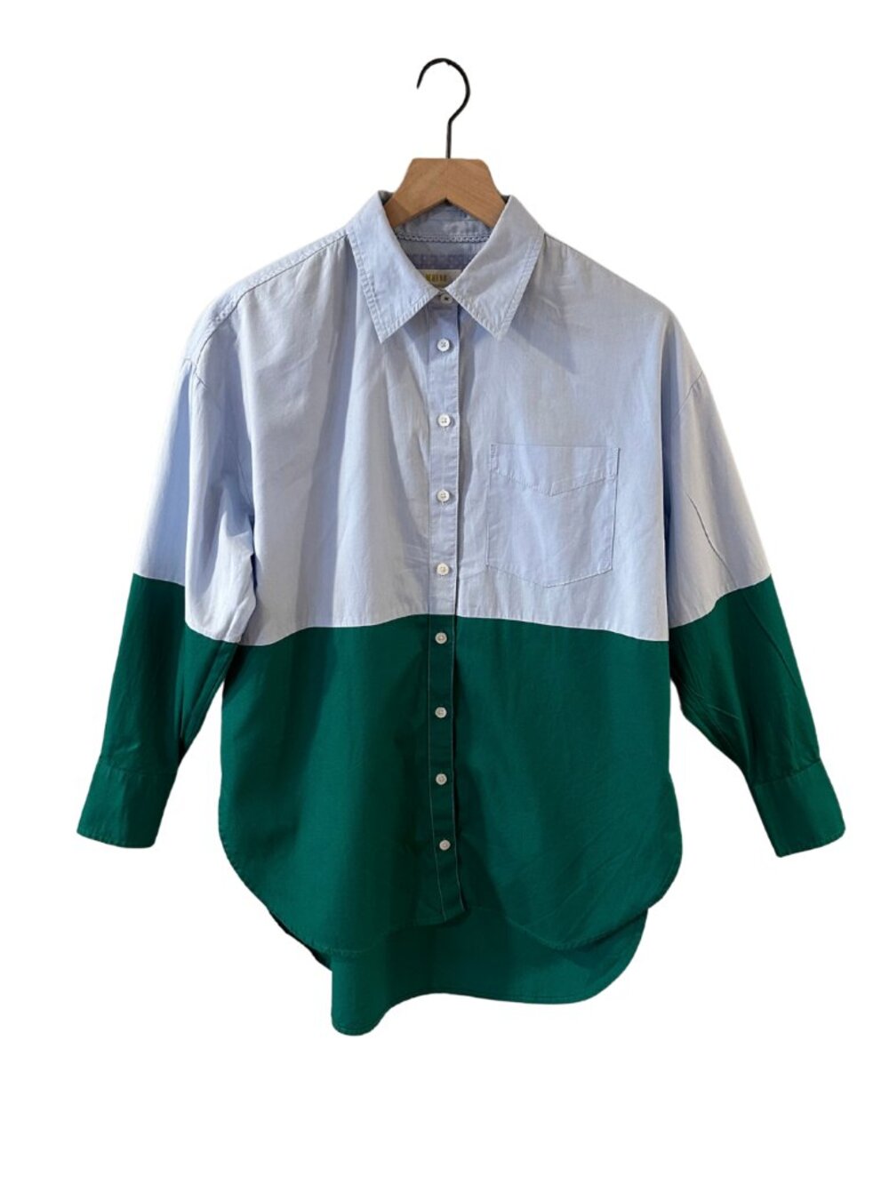 Anthropologie Maeve Cotton Colorblock High-Low Blue & Green Oxford Shirt - XS